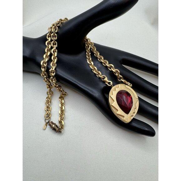 Vintage Monet Art Deco Choker Necklace Gold Red Rhinestone Teadrop 20” Runway - Picture 1 of 10